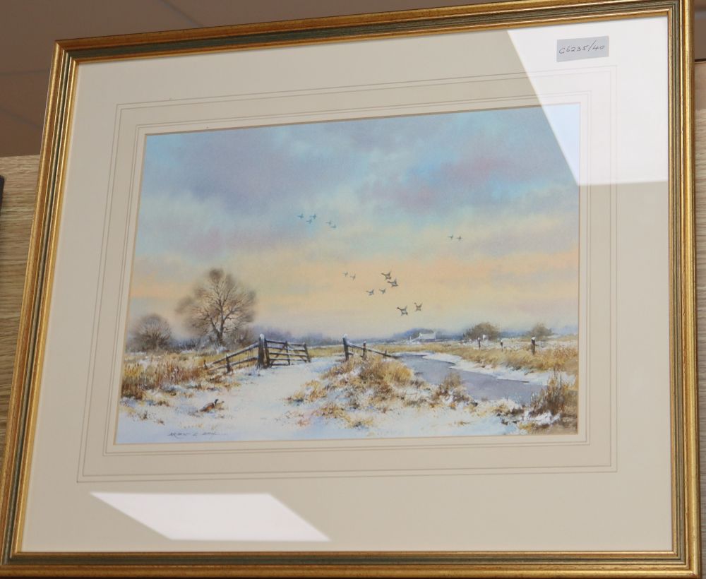 Brian C. Day, watercolour, Snow on the marsh, signed, 24 x 35cm